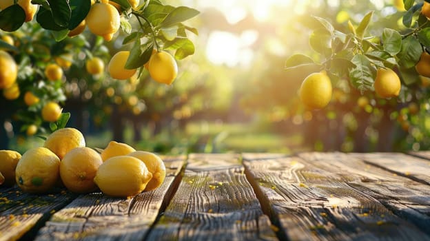 A rustic wooden table place of free space for your decoration and lemon trees, Wooden table place with lemon.