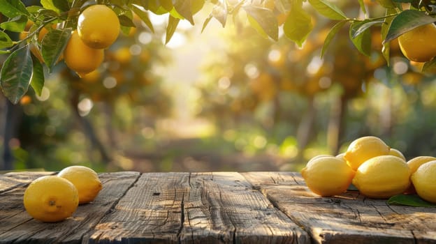 A rustic wooden table place of free space for your decoration and lemon trees, Wooden table place with lemon.