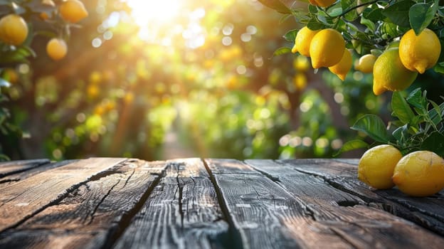 A rustic wooden table place of free space for your decoration and lemon trees, Wooden table place with lemon.