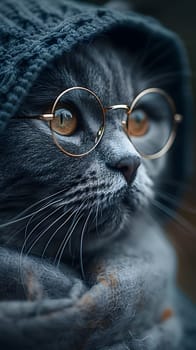 A close up of a Felidae wearing glasses and a hat. This small to mediumsized cat, a domestic shorthaired cat, has whiskers, fur, and a cute snout