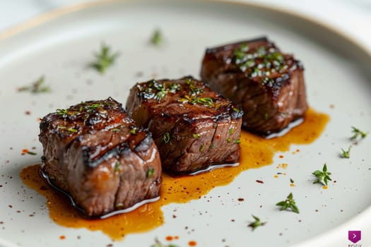 Three pieces of meat are on a plate with a sauce. The sauce is brown and has a rich flavor