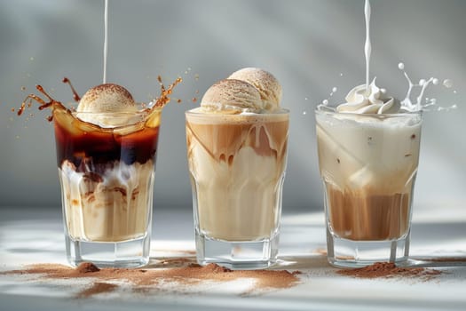 Three glasses of coffee with whipped cream on top. The glasses are arranged in a row on a table