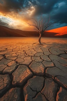 Solitude and serenity a dead tree in the desert at sunset, symbolizing tranquility and nature's beauty