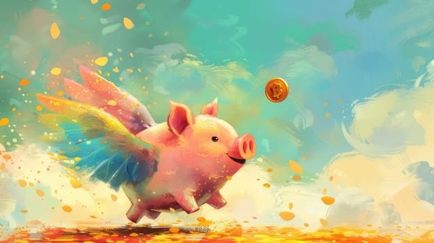 A piggy bank with rainbow angel wings and gold coin flying, A piggy bank for creative financial, Savings concept design.