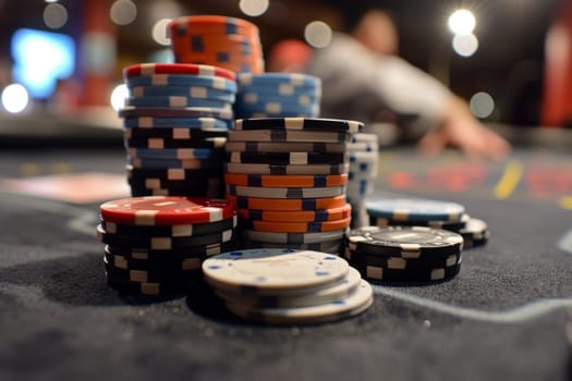 Many casino chips on the poker table at luxury casino.