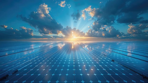 A solar panels and clear blue sky with a few clouds and the sun shining brightly..