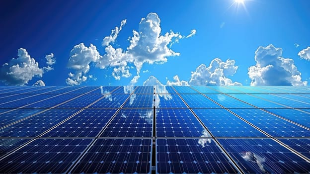 A solar panels and clear blue sky with a few clouds and the sun shining brightly..