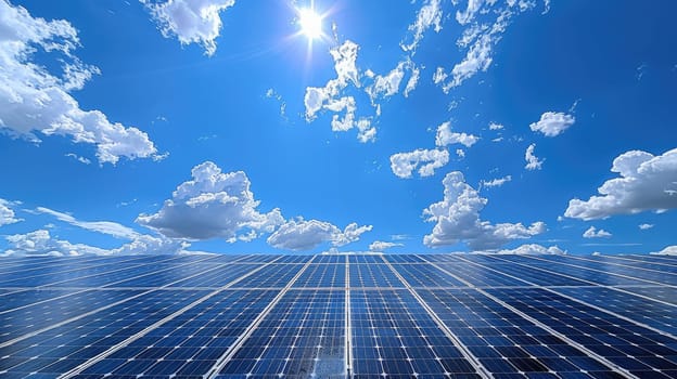A solar panels and clear blue sky with a few clouds and the sun shining brightly..