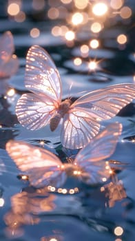 A butterfly is floating on the surface of a body of water. The water is illuminated by the light of the sun, creating a serene and peaceful atmosphere