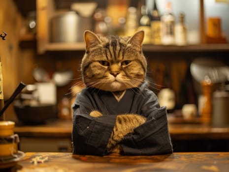 A cat is sitting at a bar with a black robe on and a serious expression. The cat is looking at the camera and he is in a position of power