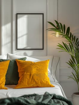 A bed with two pillows, one of which is yellow and the other is green. The bed is in a room with a white wall and a black frame. There is a potted plant in the room