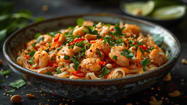 A delicious bowl of shrimp and noodle stirfry with an array of fresh vegetables, a perfect combination of staple foods and produce