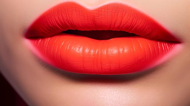 A woman's lips are painted red. The lips are very prominent in the image