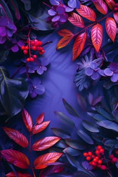 This picture displays a variety of leaves and berries, featuring plants in shades of green, purple, and orange on branches. A rich display of terrestrial organisms in red and vibrant tints