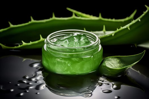 A jar of green aloe vera gel, ideal for moisturizing and caring for the skin, placed on a table next to a leaf.