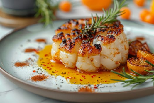 A plate of food with a piece of meat and some vegetables. The meat is cooked and has a brown crust. The vegetables are orange and green. The plate is on a white table