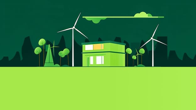 A green landscape featuring houses and windmills, illustrating the concept of environmentally friendly energy utilization and sustainability.