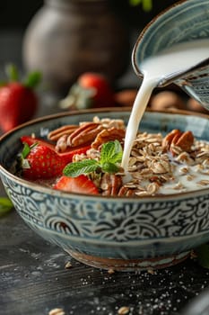 A bowl of cereal with milk poured into it. The bowl is blue and has a design on it. There are strawberries and nuts in the bowl