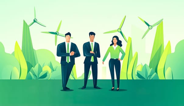 Three people in suits stand in front of a green background with windmills. Scene is professional and serious