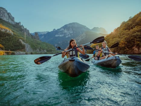 A group of friends enjoying fun and kayaking exploring the calm river, surrounding forest and large natural river canyons during an idyllic sunset