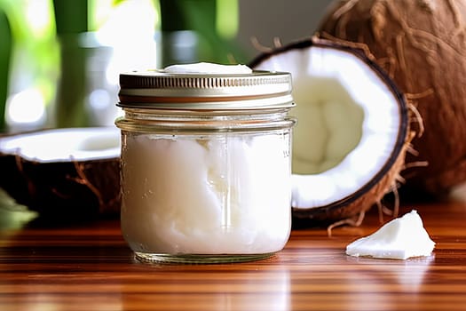 A jar of coconut milk sits on a table next to a half-cut coconut. The jar is half full and the coconut is half cut