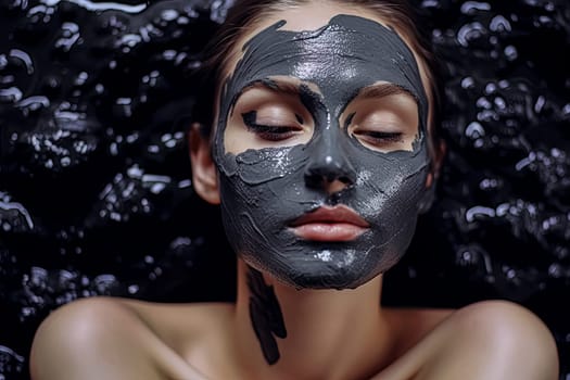 A woman with a black clay mask on her face is lying down on a bed, highlighting rejuvenating skincare and facial cosmetics.