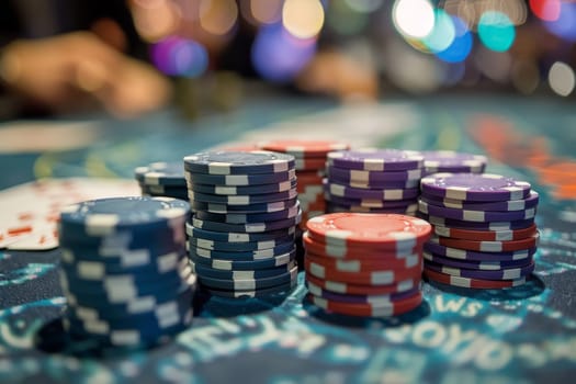 Many casino chips on the poker table at luxury casino.