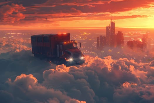 A truck arriving in mountain rural landscape in the rays of the sunset. Logistic concept.