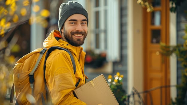 Delivery man by sending box of parcel to customers service at home.