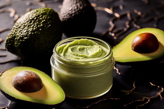 A jar of green face cream made from natural plant-based ingredients with avocado oil sits on the table surrounded by sliced avocados.