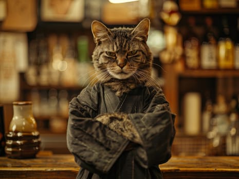 A cat is sitting at a bar with a black robe on and a serious expression. The cat is looking at the camera and he is in a position of power