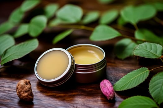 A jar of pink lip balm sits on a wooden table. There are several other jars of lip balm on the table, all of which are different colors and sizes