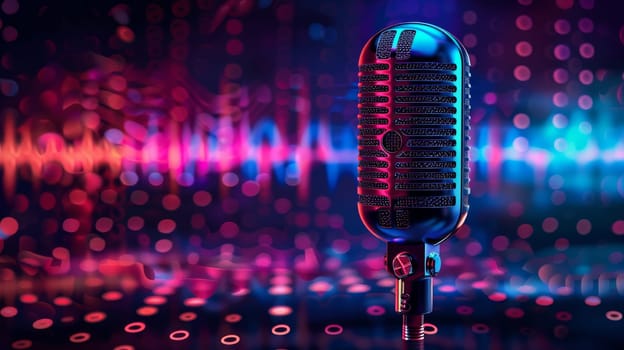 Microphone for broadcasting or podcast with waveform on blue background.