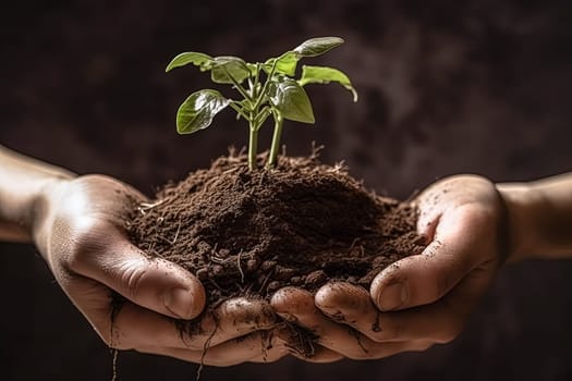 A person is holding a small plant in their hand. The plant is surrounded by dirt and he is a seedling. Concept of nurturing and growth, as the person is taking care of the plant