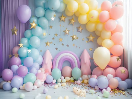 A colorful room with a rainbow arch and stars. The room is decorated with balloons and confetti