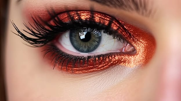 A woman's eye is painted with orange and blue eyeshadow. The eye is the main focus of the image, and the colors of the eyeshadow create a bold and striking look