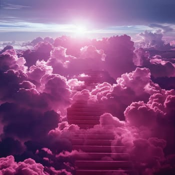 A pink sky with a staircase in the clouds. The image has a dreamy and whimsical mood, as if the viewer is looking up at a magical world