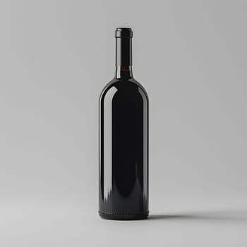 An electric blue wine bottle is resting on a rectangular gray table. The sleek glass cylinder contains liquid, standing out against the neutral surface