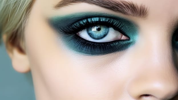 A woman with red and black eye makeup. The eye makeup is bold and dramatic, with the red and black colors contrasting against her blue eyes. Scene is edgy and confident