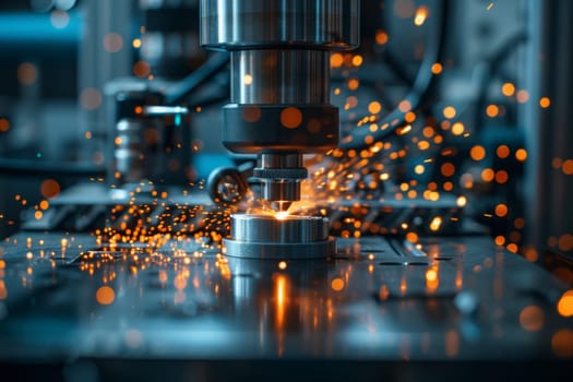 A machine is cutting through metal, creating sparks and a sense of danger. The image conveys a feeling of intense work and the potential for danger in the process