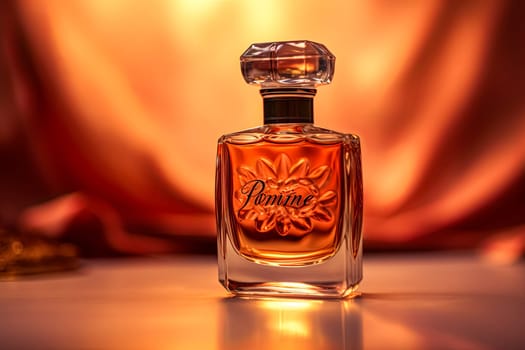 Luxury perfume with a golden insert on the bottle against a blurred background.