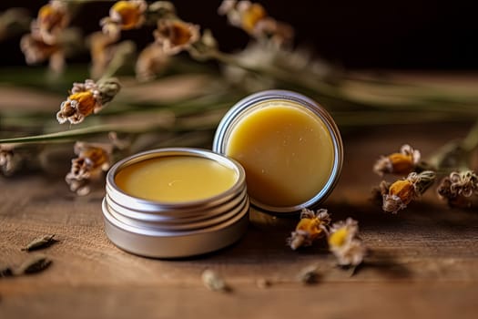 A metal jar of beeswax for the face sits on the table, providing hydration and skincare for both face and body.