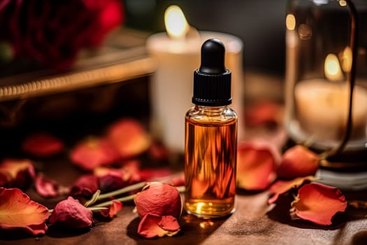 A bottle of perfume with tea rose extract rests on a table adorned with a bunch of strawberries and leaves, evoking a fresh and floral fragrance.