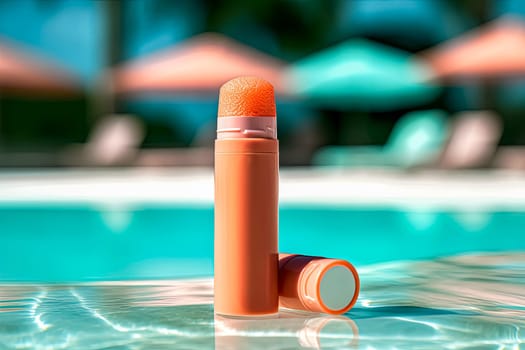 A tube of lip balm is sitting on the water. The tube is orange and has a white cap. The scene is set in a pool area with umbrellas and chairs