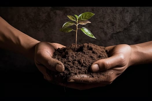 A person is holding a small plant in their hand. The plant is surrounded by dirt and he is a seedling. Concept of nurturing and growth, as the person is taking care of the plant