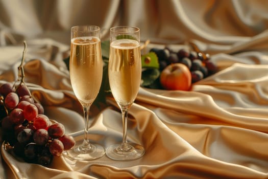 Two wine glasses filled with champagne are on a table with grapes. The wine glasses and grapes create a festive and celebratory atmosphere