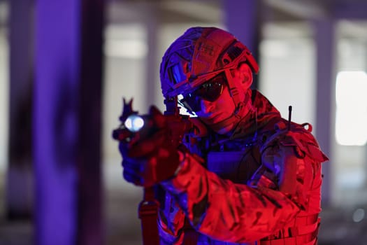 A professional soldier undertakes a perilous mission in an abandoned building illuminated by neon blue and purple lights.