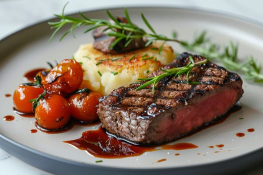 A plate of food with a steak, potatoes, and tomatoes. The steak is cooked medium rare and is accompanied by a side of mashed potatoes and grilled tomatoes. The presentation of the dish is elegant