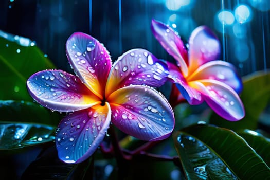 A close-up of two vibrant purple flowers with dew drops on their petals. The dreamy background with blue and white lights adds a romantic touch, making the flowers the focal point of the image.