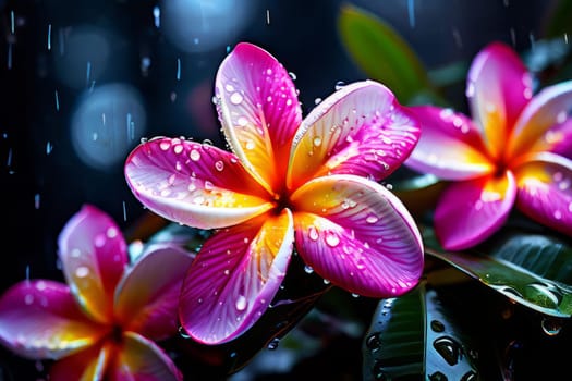 A close-up of two vibrant purple flowers with dew drops on their petals. The dreamy background with blue and white lights adds a romantic touch, making the flowers the focal point of the image.
